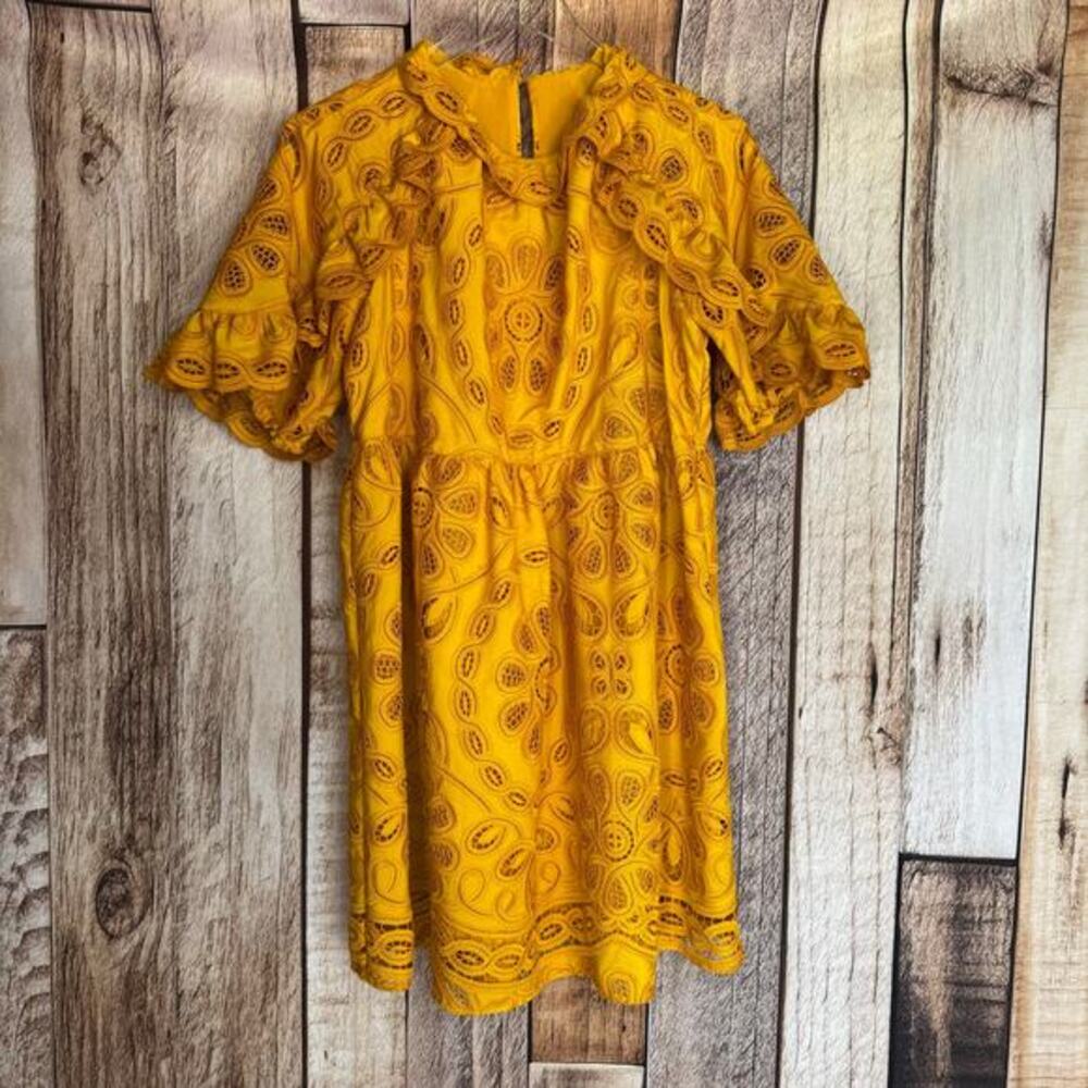 Sézane Nicole Dress Saffron Embroidered Eyelet Fall Cottagecore‎ Size 38 (US 6)